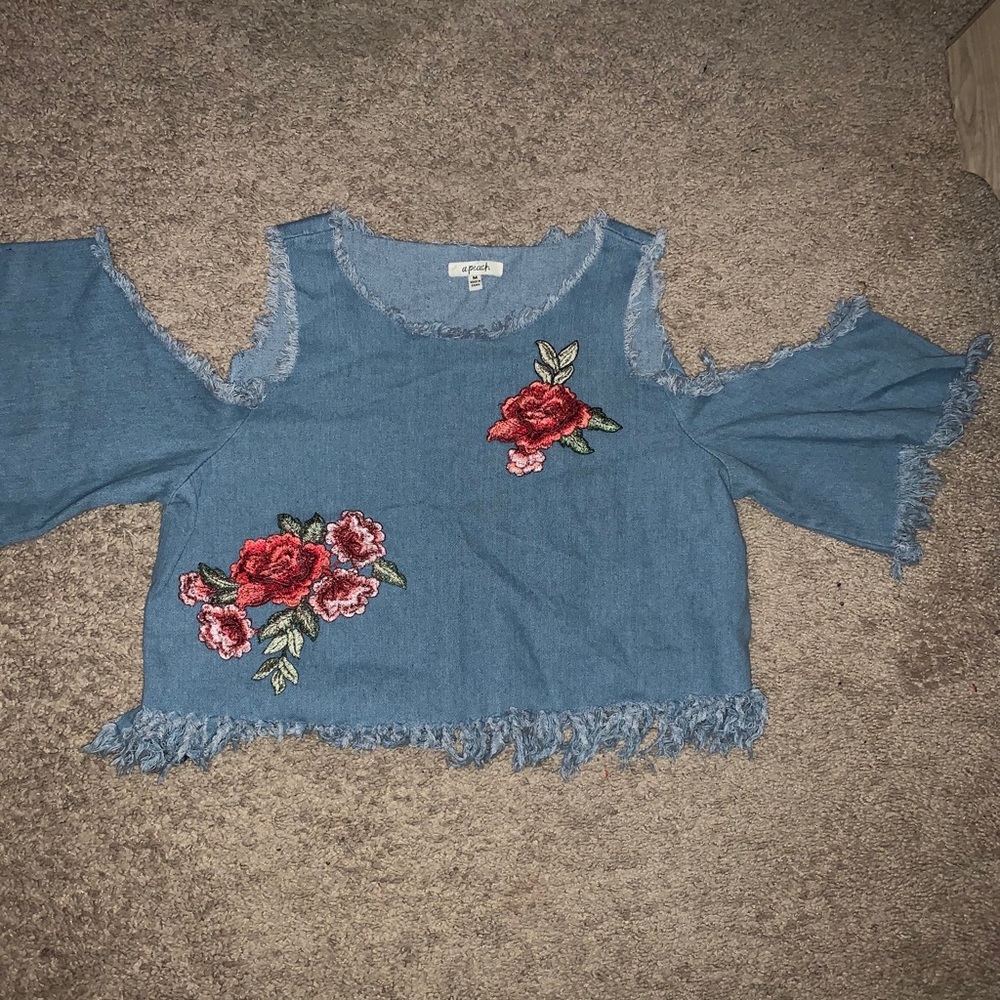 Rose in bordered Jean frayed shirt